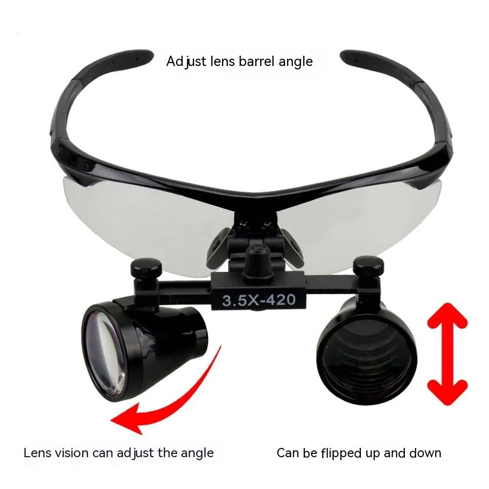 Black head-mounted dental magnifying glasses with LED light on adjustable headgear, shown with included charger and accessories.