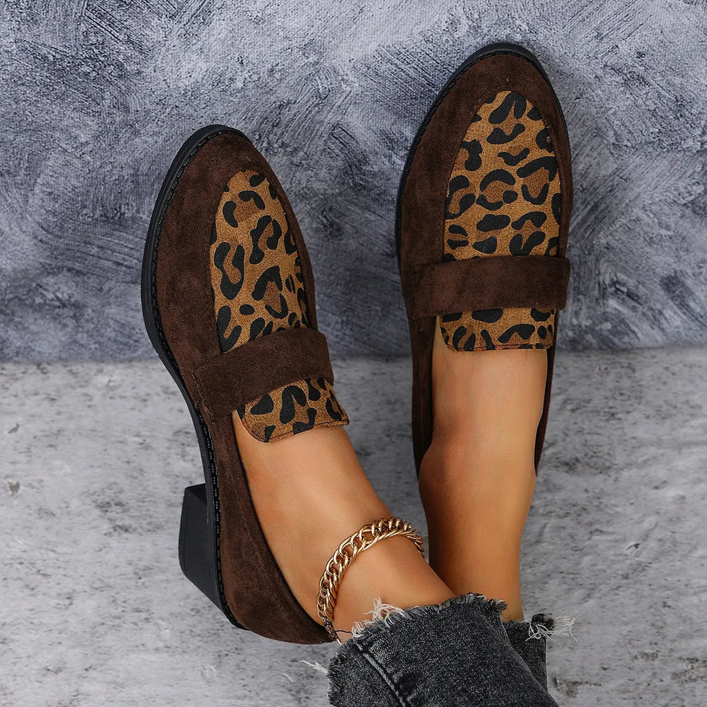 Leopard print slip-on suede pumps with chunky heels and pointed toes in brown, khaki and pink colours