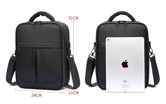 Black Oxford fabric men's shoulder messenger bag showing dimensions of 24cm by 11cm by 31cm