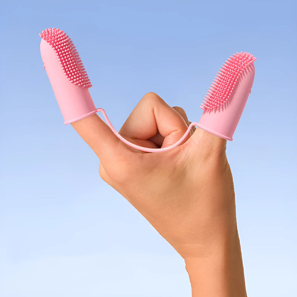 Double finger pet toothbrush set in TPR material for dog and cat teeth cleaning.