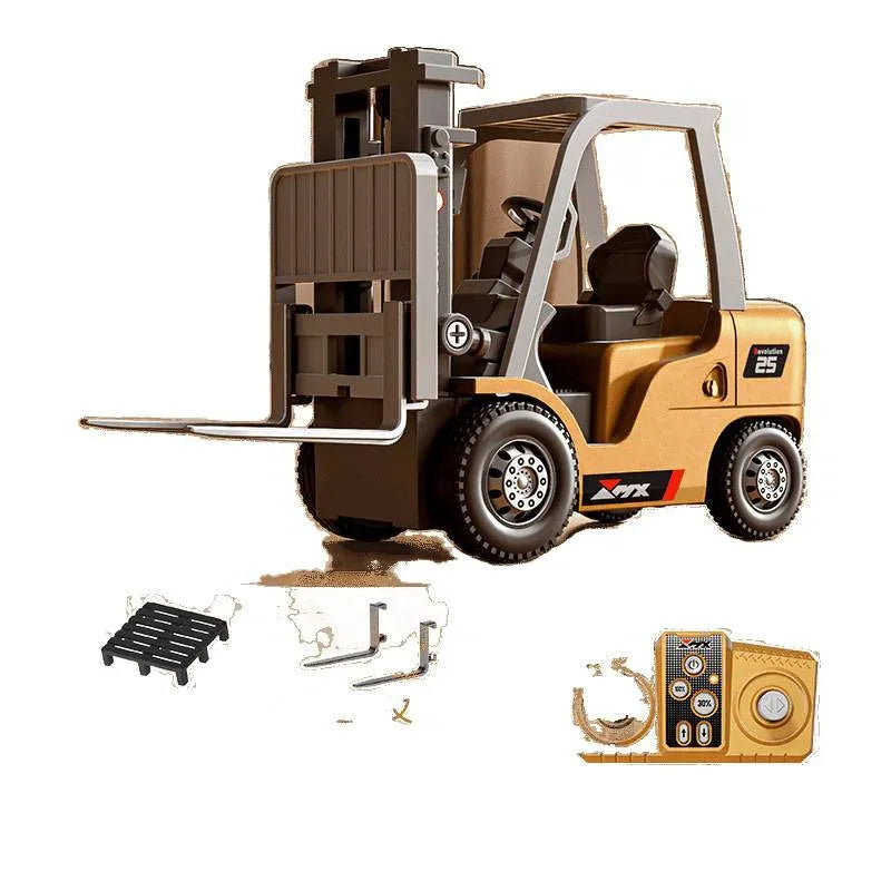 1:64 scale grey alloy remote control forklift toy with mini Bluetooth controller and cargo accessories.