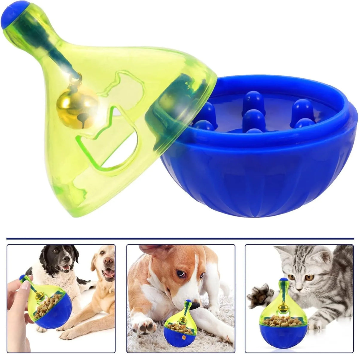 Interactive pet treat tumbler dispenser toy for dogs and cats measuring 14x10x10cm