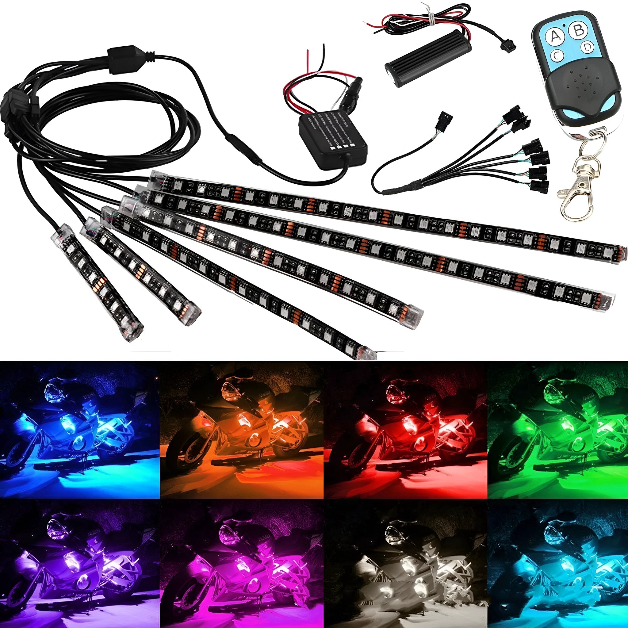 Black silicone RGB LED light bar with remote control for motorcycle and car atmosphere lighting