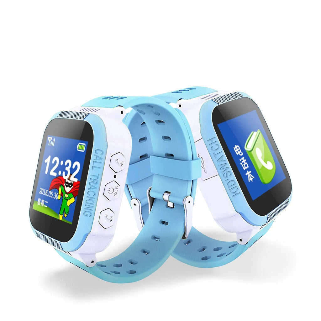 Children's blue phone watch with 1.44-inch IPS screen showing simple interface
