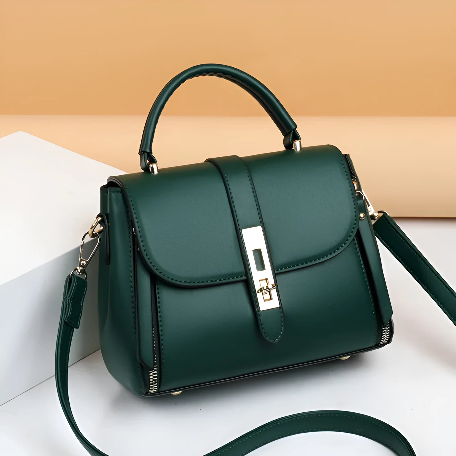 Women's soft leather messenger bag in square vertical design with adjustable shoulder strap
