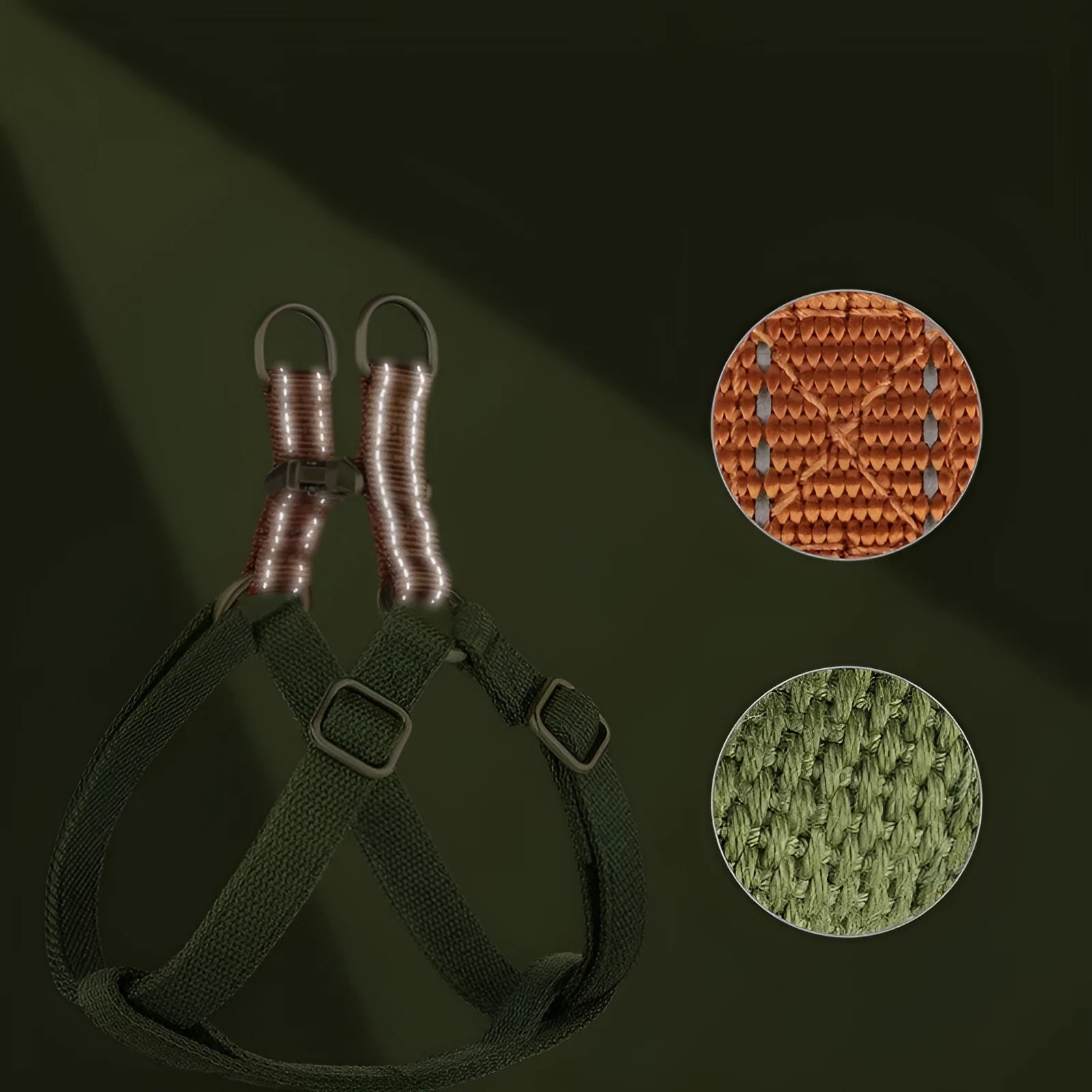 Brown vest-style anti-loss dog leash made of cotton and nylon with alloy fastener.