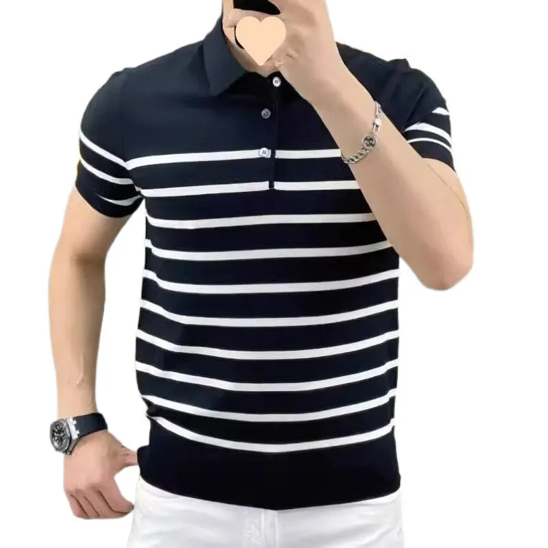 Black and white striped lapel knitted t-shirt pullover on hanger