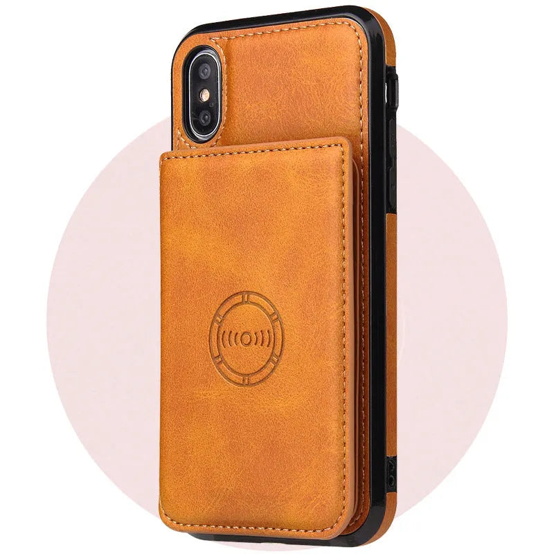 iPhone card wallet case in imitation leather with multiple colour options showing card slots