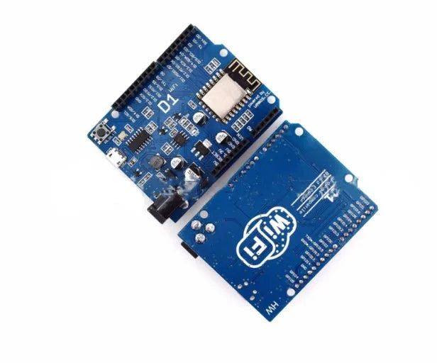 Black ESP8266 WiFi development board with pin headers and onboard power supply components