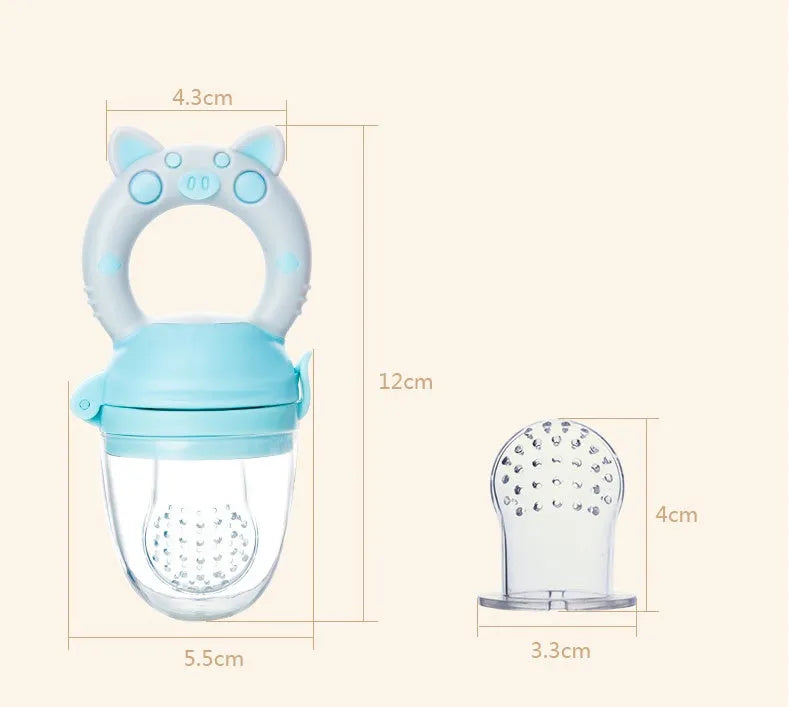 Silicone baby teether in blue, green, or pink with textured mouthpiece for infant gum relief