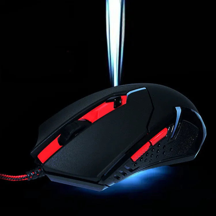 Black red wired USB optical gaming mouse with six keys and adjustable DPI settings