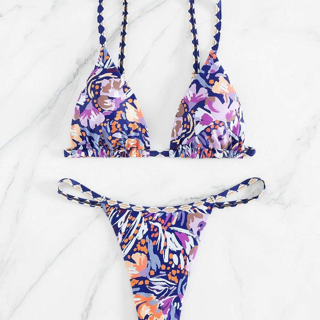 Women's floral printed polyester triangle bag swimsuit briefs style