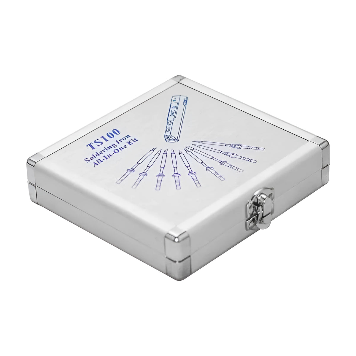 Silver aluminium storage box for TS100 soldering iron, dimensions 154mm by 147mm.