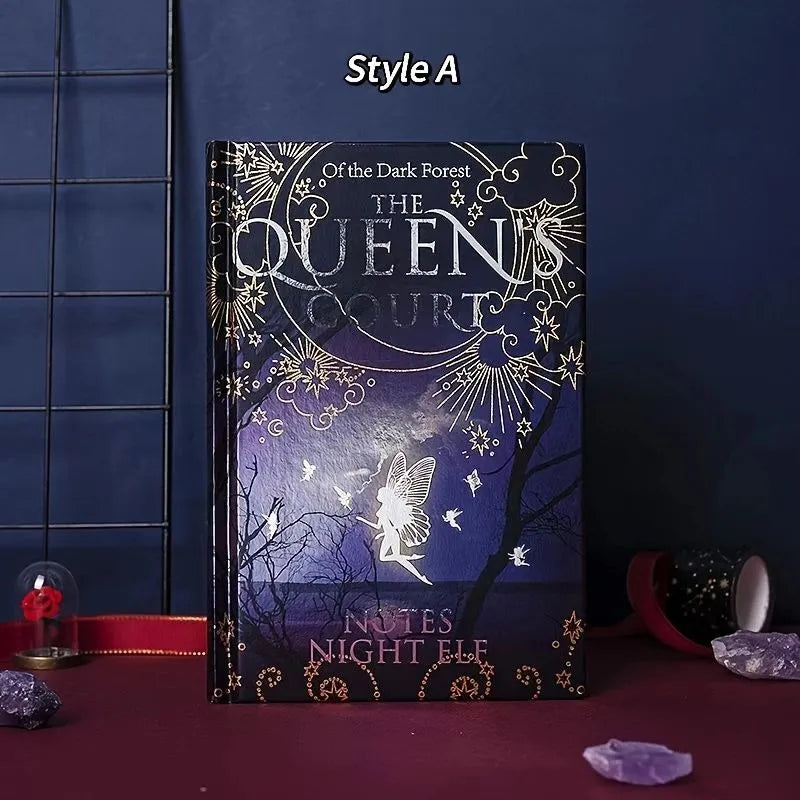 Blue and purple A5 luminous hardcover notebooks open to show full-colour illustrated pages.