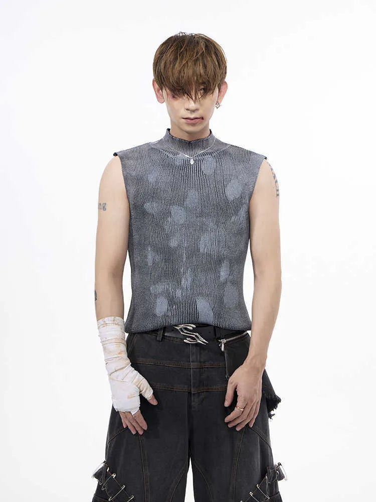 Men's black silver pastebrushing wool blend sleeveless turtleneck vest on a hanger