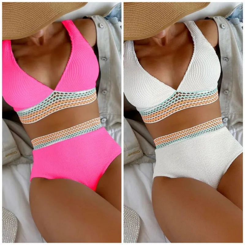 White high waist split bikini swimsuit on mannequin showing front and back views