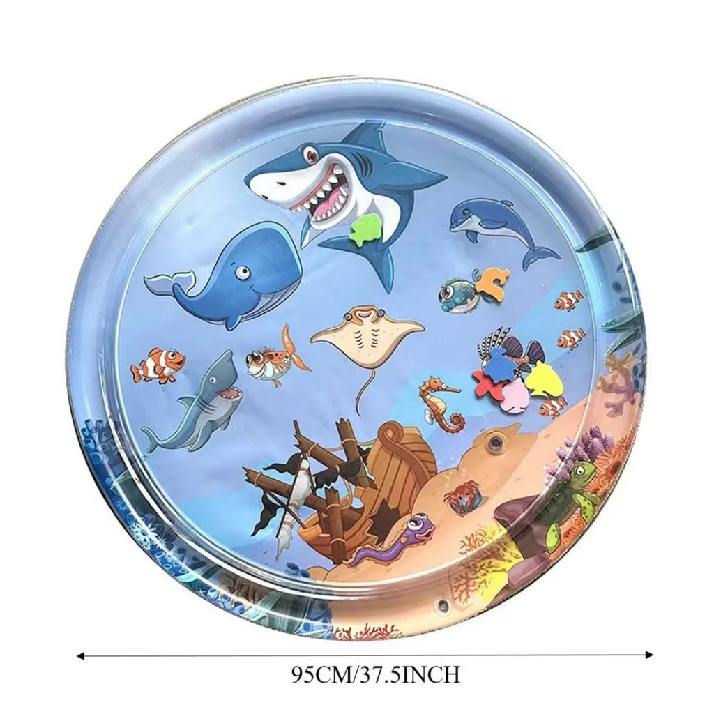 Water sensory playmat for cats with floating toys in ocean theme design on blue PVC surface