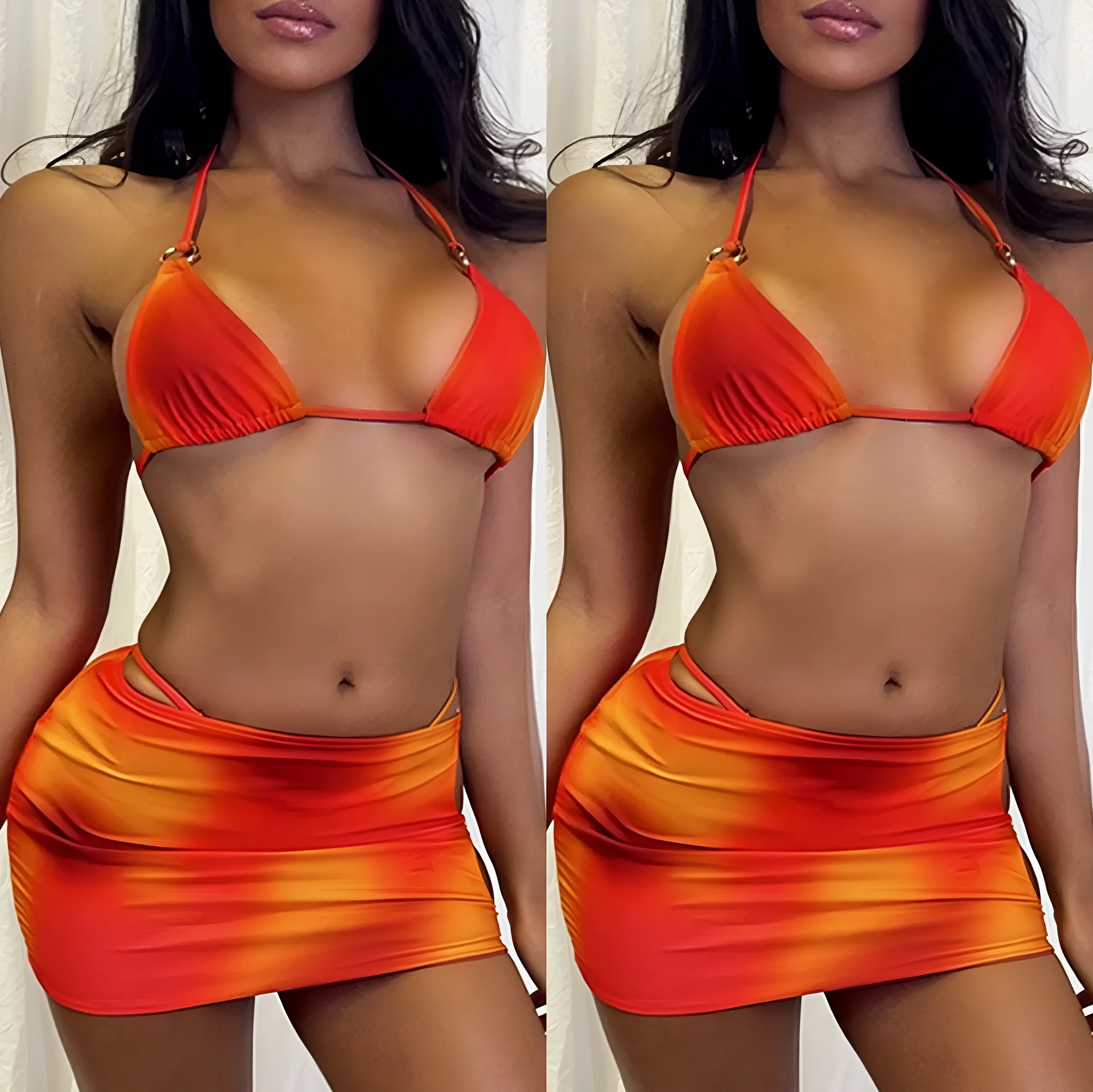 Tie-dye gradient three-piece halter bikini swimwear set on a mannequin