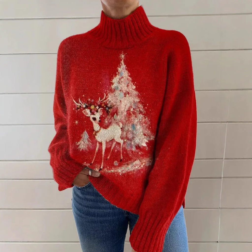 Women's Christmas printed turtleneck sweater in polyester with loose fit and long sleeves