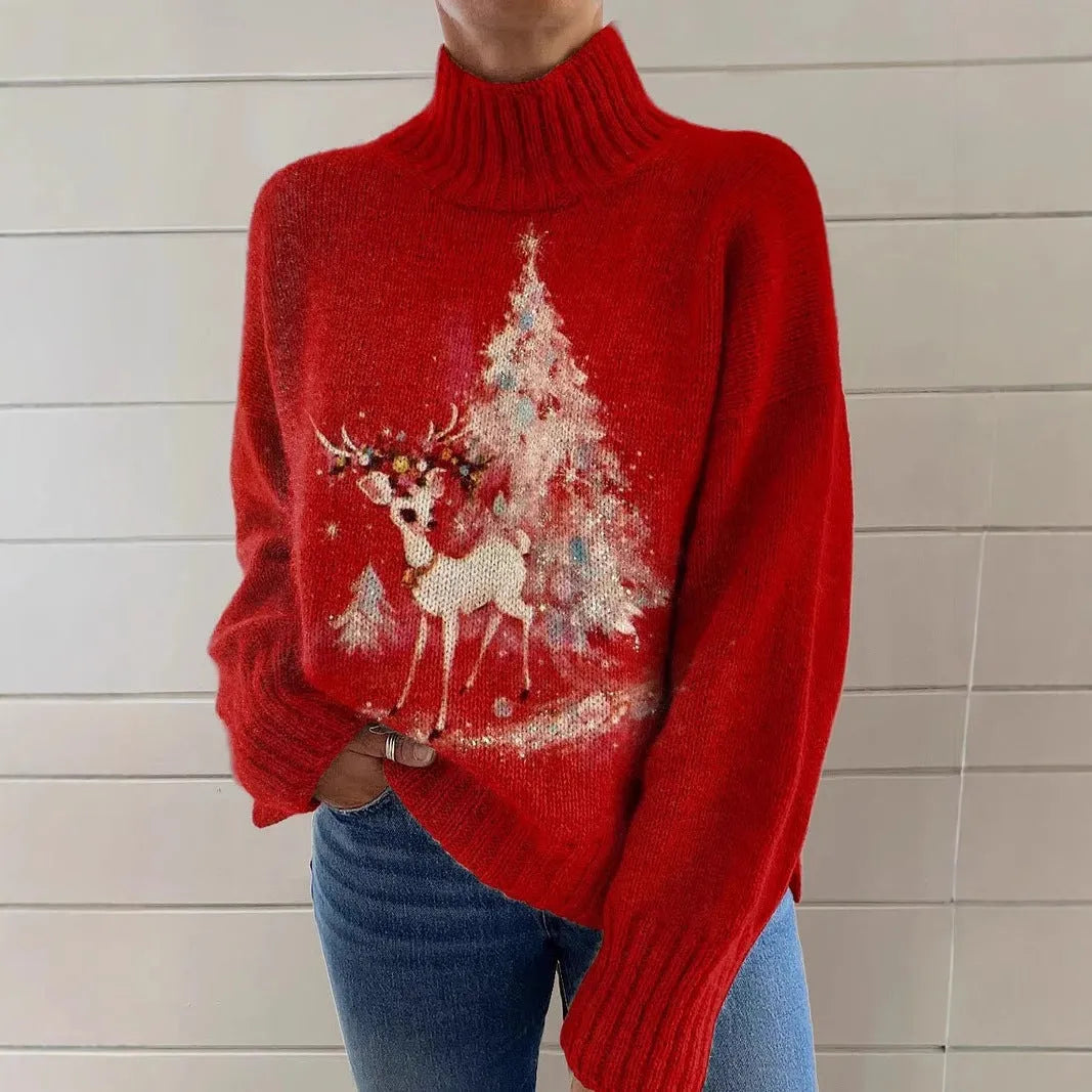 Women's Christmas printed turtleneck sweater in polyester with loose fit and long sleeves