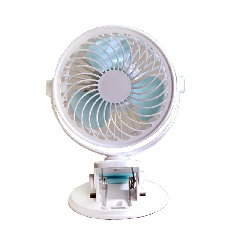 Mini USB desk fan in clip and floor standing styles on a wooden desk