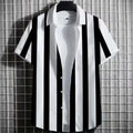 Man wearing a linen t-shirt with a striped and 3D printed graphic design.