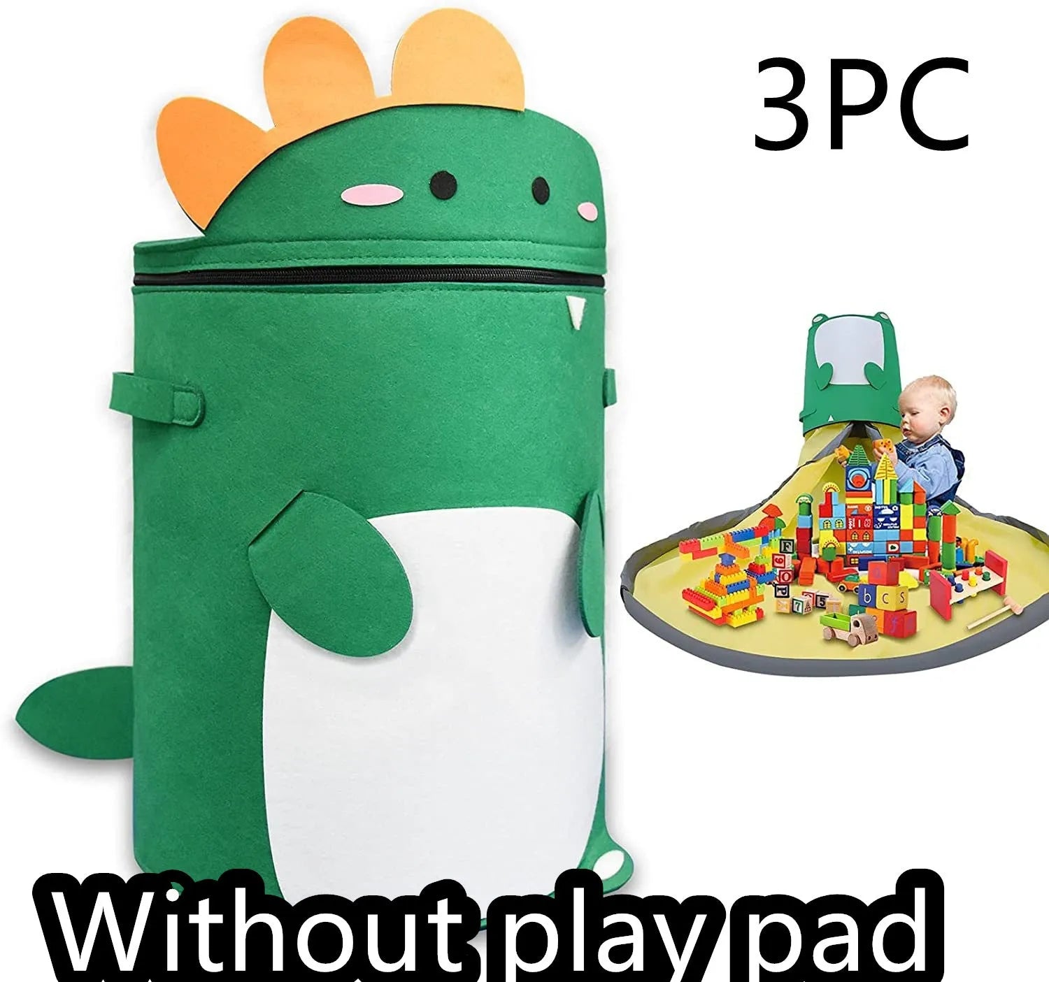 Green felt cube storage bag with pull rope, laid flat as a play mat