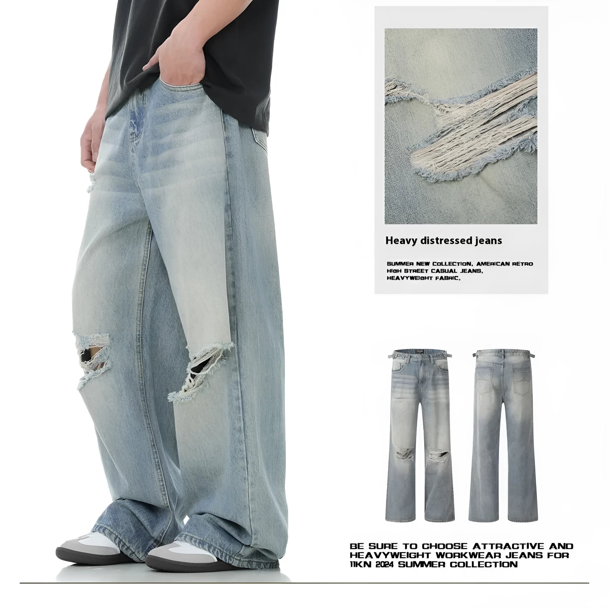 Blue retro straight-leg jeans with distressed detailing and adjustable waistband