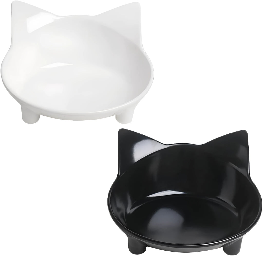 Shallow black melamine cat food bowl with anti-skid rubber base on wooden floor