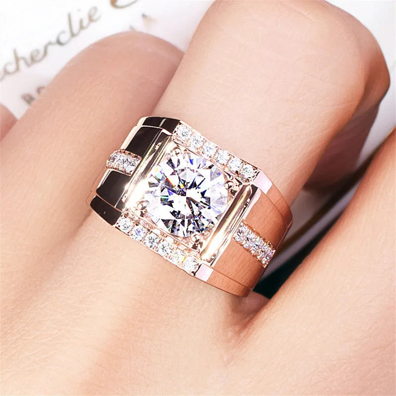 Men's adjustable copper ring with a high carbon diamond zircon stone in rose gold finish.