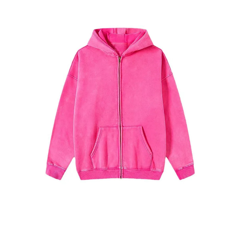 Men's washed cotton hooded cardigan sweater with fleece lining and a double zipper front.