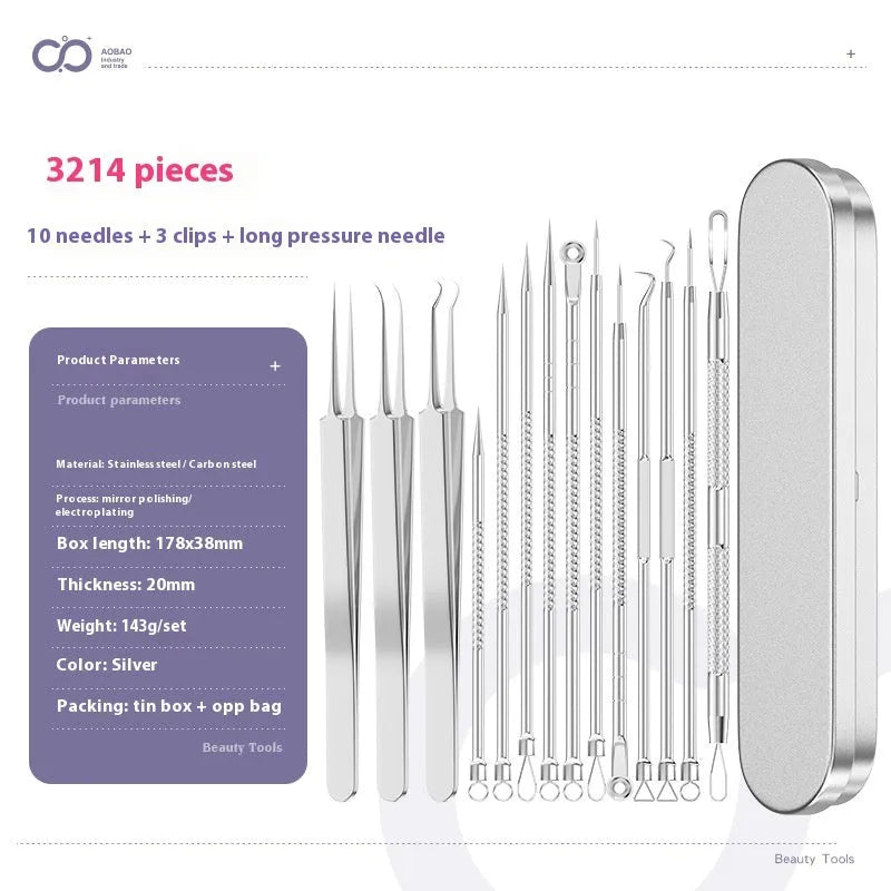 Four metal acne needles with ultra fine points stored in a black plastic clip.