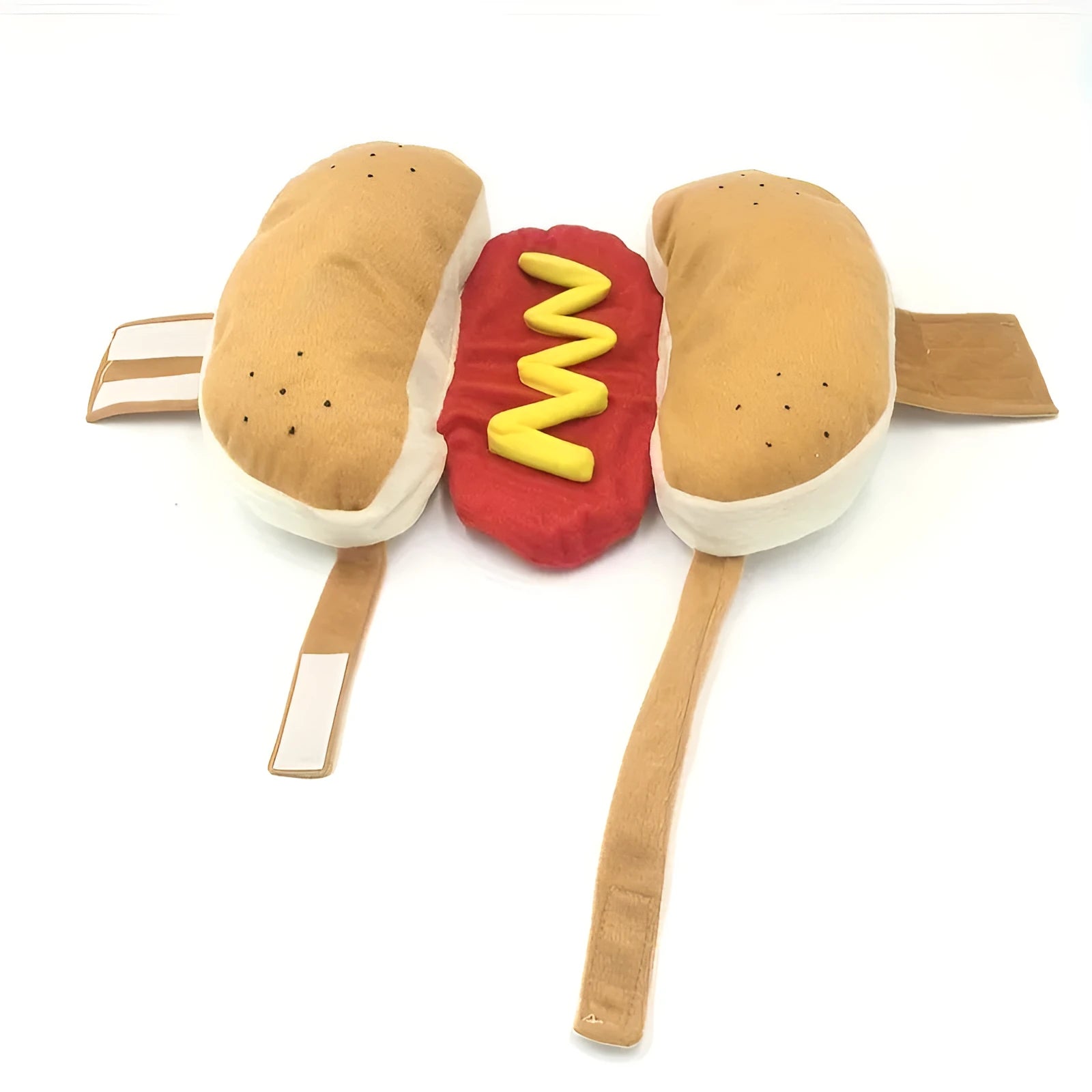 A dog wearing a stuffed polycotton hot dog costume suit for parties.