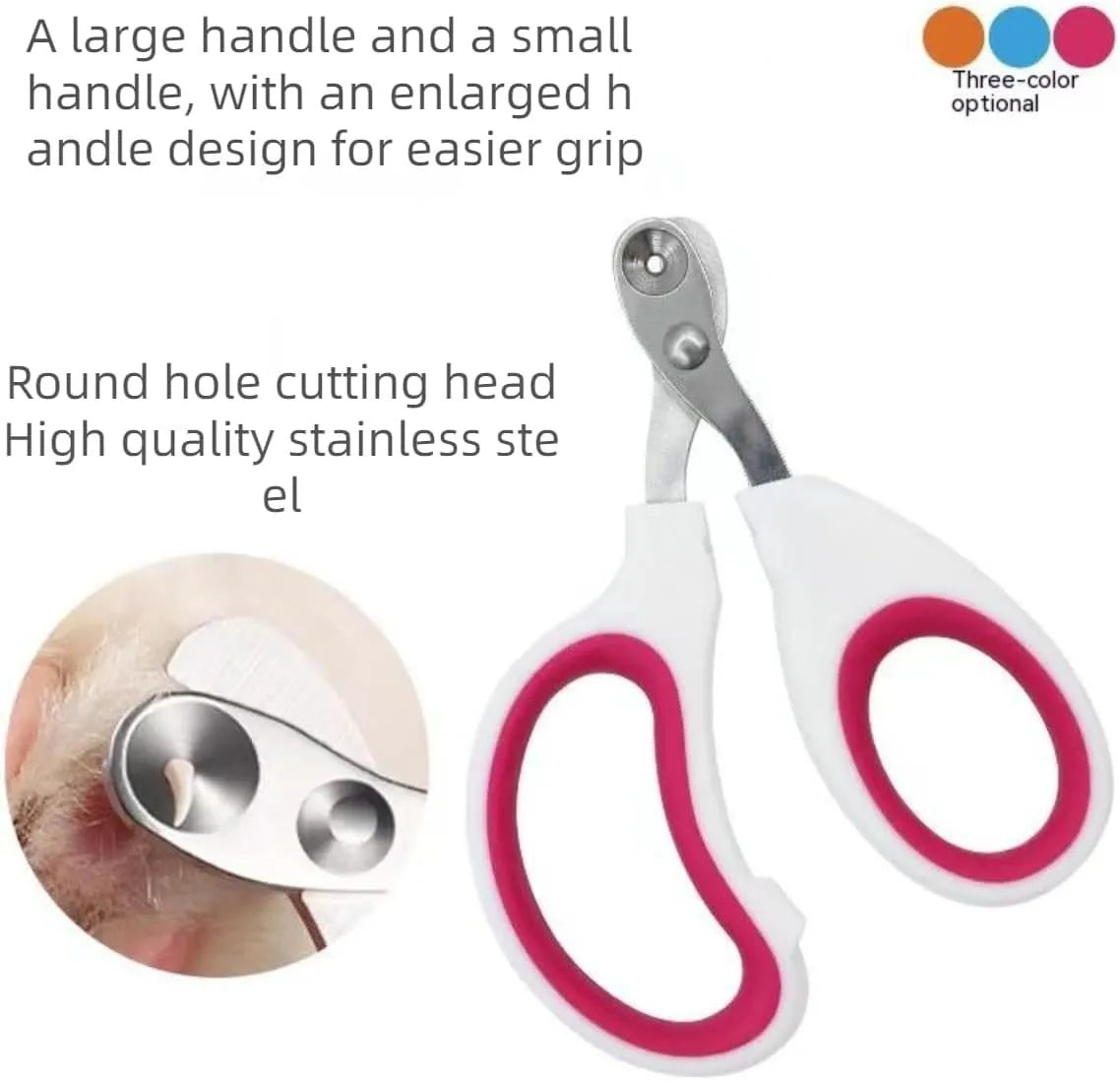 Blue cat nail clippers with circular cut hole and cushioned non-slip handles on a white background.