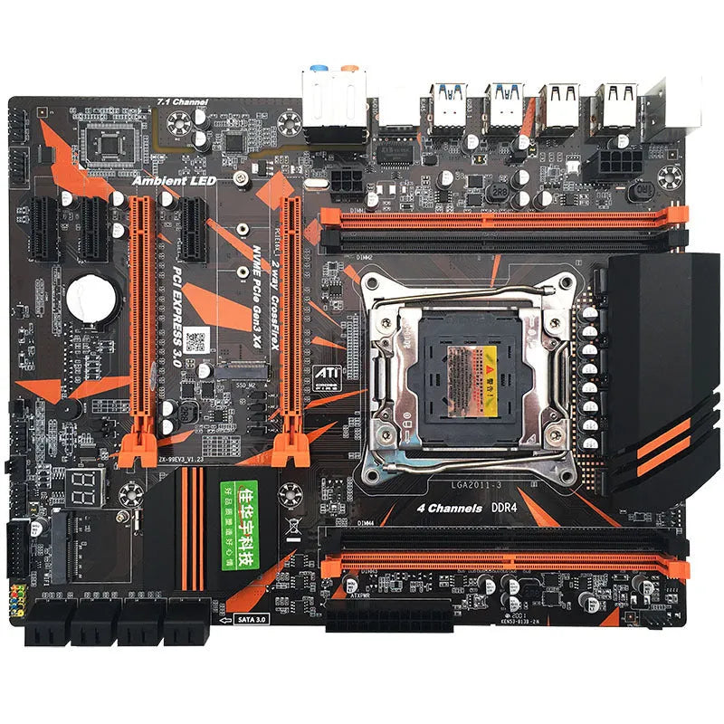 Black X99 computer motherboard with LGA2011-3 CPU socket, four DDR4 RAM slots, and PCIe expansion slots