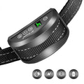 Digital display dog bark training collar with adjustable nylon strap in black, showing beep, vibration, and shock modes.