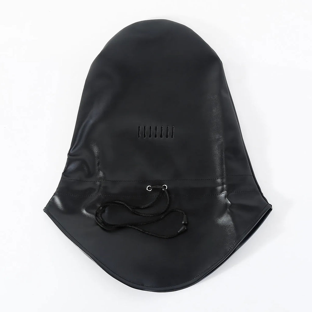 Black leather BDSM mask with adjustable straps for adult role play training