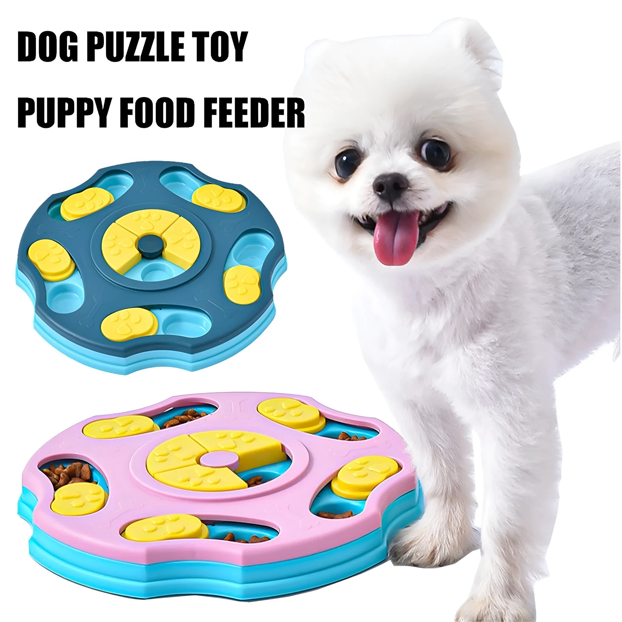 Blue durable plastic dog puzzle toy feeder with interactive food-searching compartments for slow feeding.