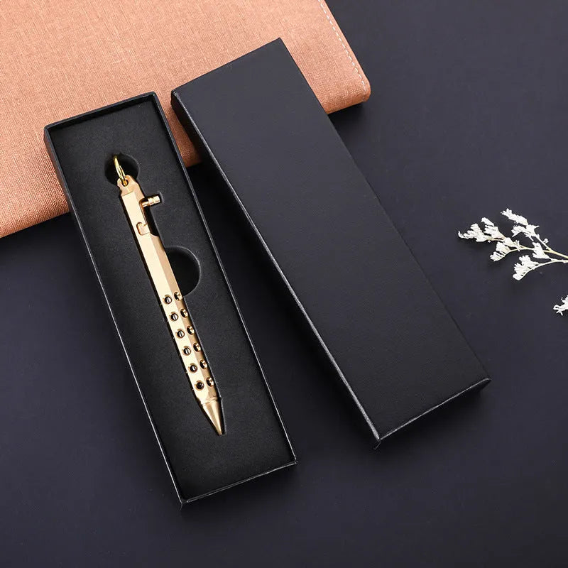 Brass hexagonal bolt pen with 0.5MM refill in natural or black finish measuring 13cm