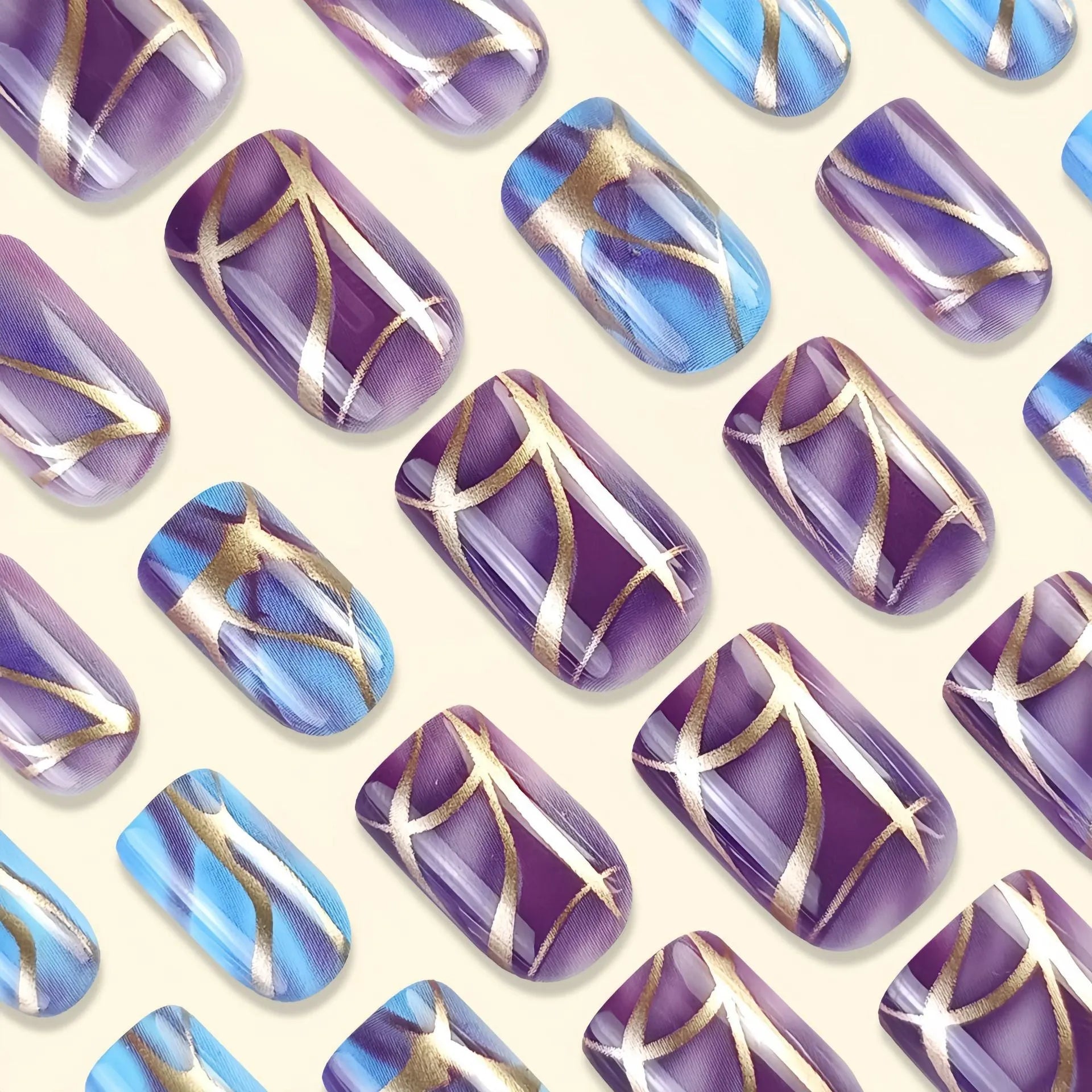 Purple striped mid-length nail stickers in European and American style design