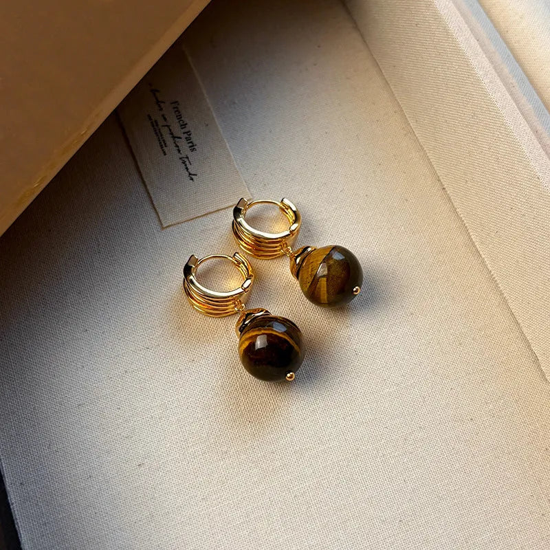 Gold-plated geometric earrings with tigereye stone beads in French retro style