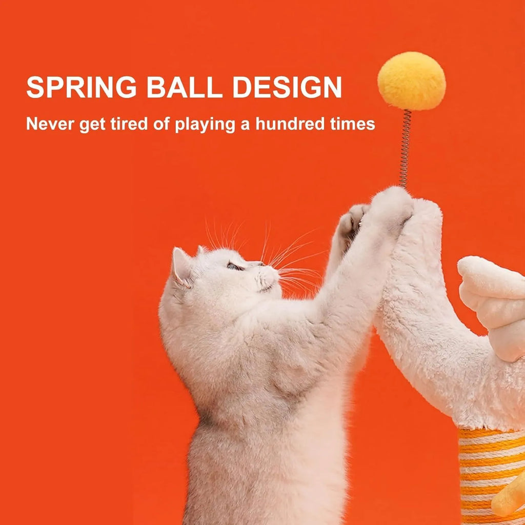 Yellow sisal rope vertical cat scratching post with U-shaped design and spring ball attachment