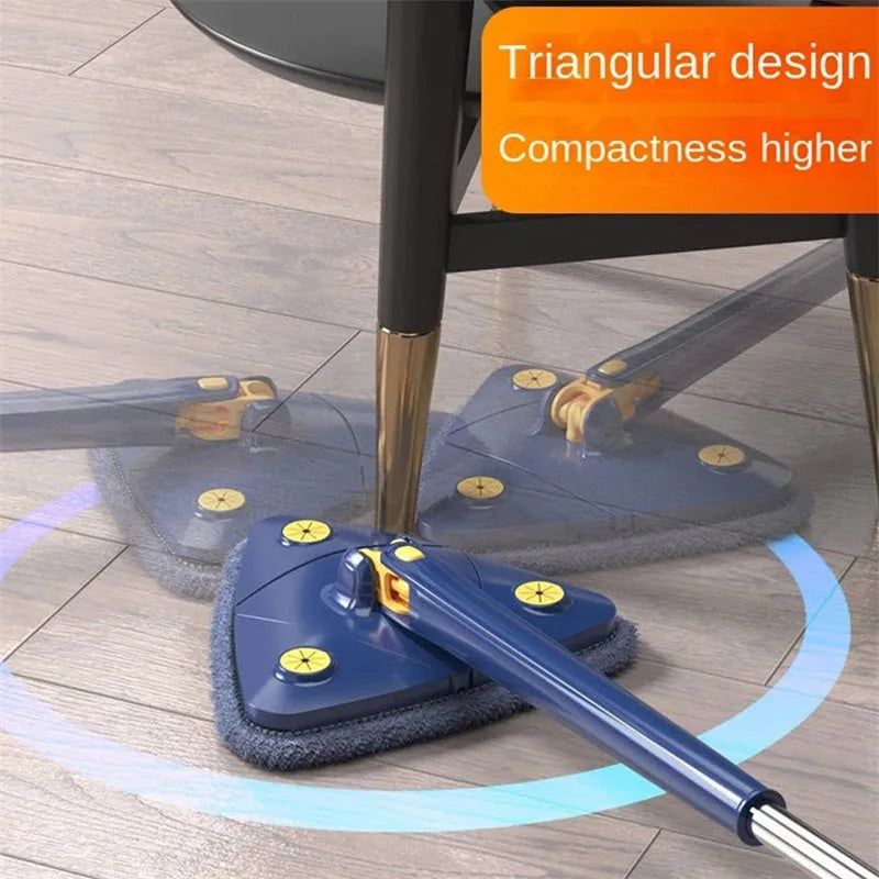 Blue extendable triangle cleaning mop with 360-degree rotating head and microfiber cloth