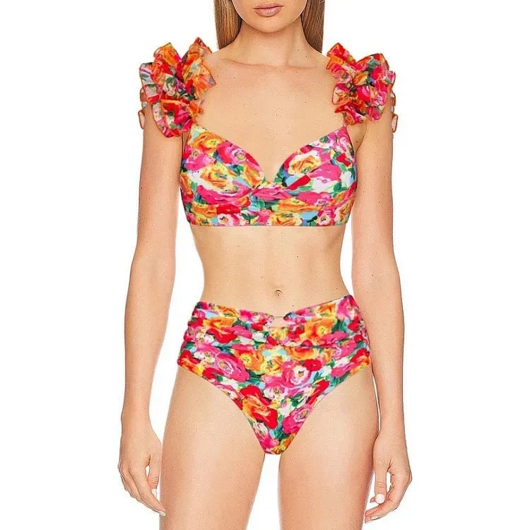 Women's floral print push up bikini swimsuit with high waist split design in two-piece set configuration