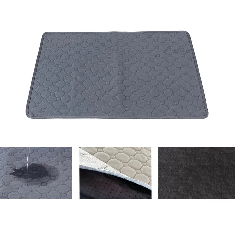 Grey and tan washable dog pee pads showing waterproof backing and size options