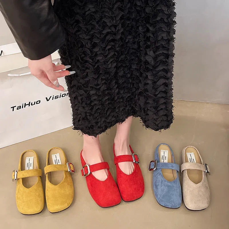 Women's flat closed toe half slippers in apricot, blue, red, or yellow with a square toe and rubber sole.
