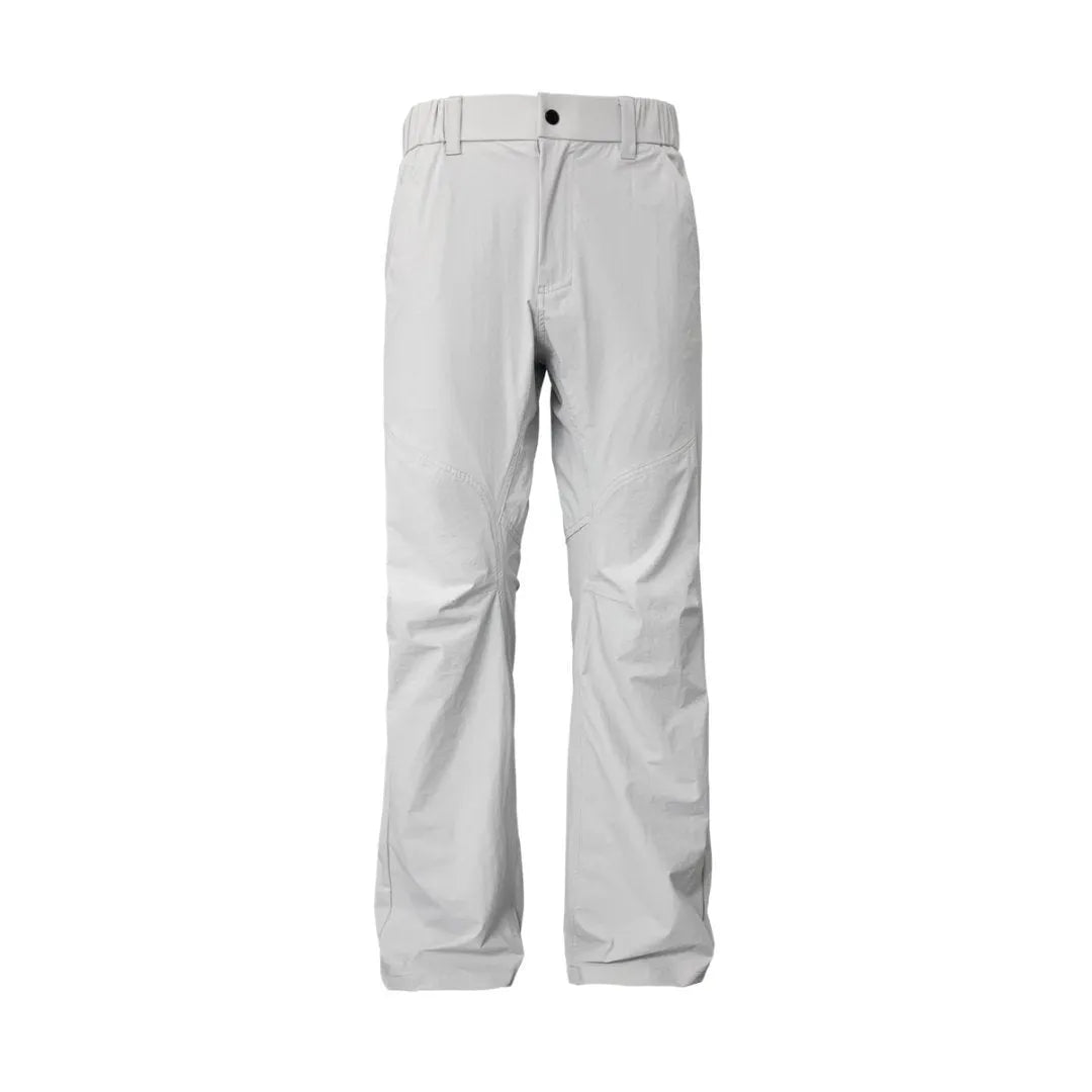 Men's straight-leg casual trousers in a neutral colour on a hanger, showing the mid-waist and elasticated waistband detail.