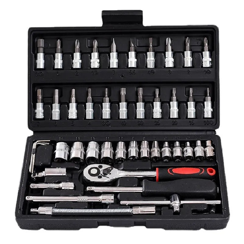 46-piece chromium vanadium steel socket ratchet wrench set with nickel-plated sockets for repair.