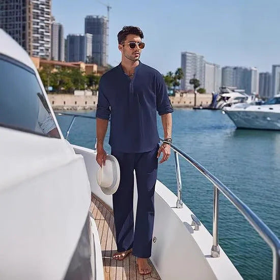 Men's cotton casual trousers suit two-piece set in solid colour with long sleeves