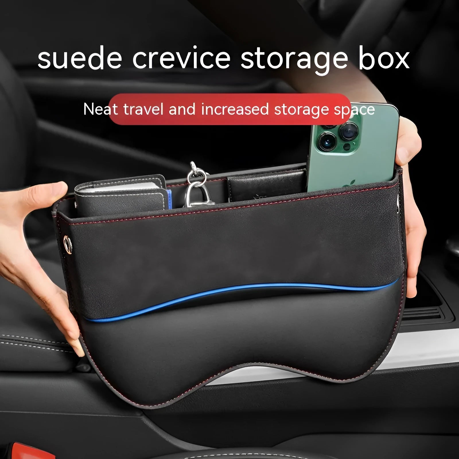 Leather car seat storage box in beige suede colour, shown on a car passenger seat.